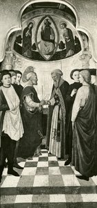 Jomfruens liv, innvielse av jomfruen ved tempelet, ca. 1445 olje på poppelpanel bw foto
